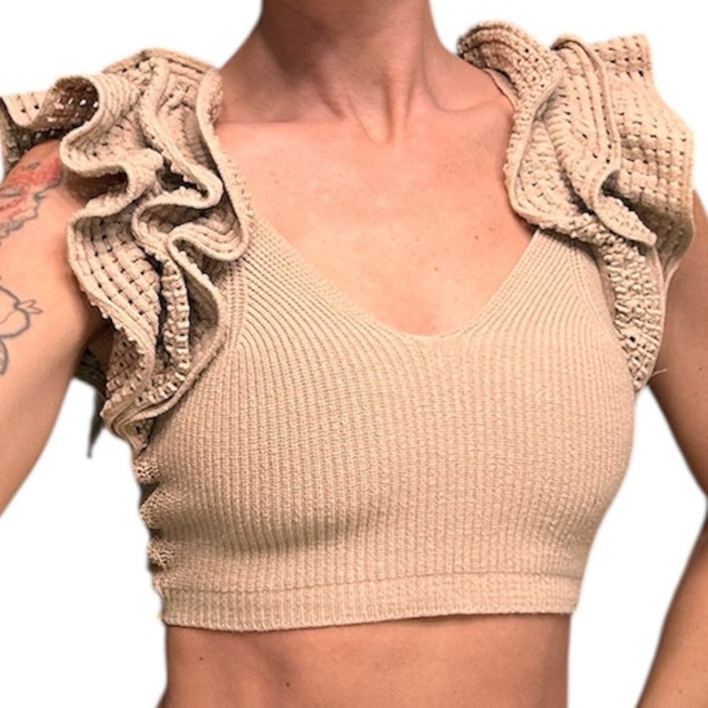 Beige/Tan Crochet Ruffle Sleeve and Hem Knit Top